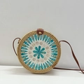 Handmade round rattan crossbody bag with blue and white shell inlay and leather strap - Blue Teardrop