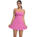 Detailed view of the side slit and high-elastic fabric on this pink tennis bodysuit dress - Cosmos Pink