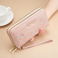 Pink embossed PU leather long wallet with floral embroidery and double zipper closure - Pink