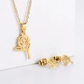 Golden titanium steel jewelry set featuring a rose pendant necklace and matching stud earrings - Rose