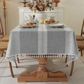 Waterproof grey linen-style tablecloth with white fringe and delicate embroidery details - 90*90cm / Grey Embroidered (Waterproof Symmetric Double Stripe)