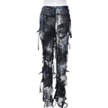 Detail der verwaschenen schwarzen Jeans mit Distressed-Rissen und Fransen-Applikationen - S / Schwarz