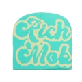 Detail of mint green and cream knit beanie featuring street style Rich Mob jacquard text - M (56-58cm) / Green