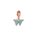 Macro detail of a rose gold butterfly pendant with light blue translucent wings - Light Blue Rose Gold Butterfly