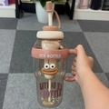 Pink large capacity plastic ice bottle with straw and cute cartoon mouth design - Belly Cup + Coffee Big Mouth / Brown