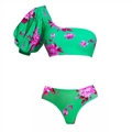 Green floral bikini set with one-shoulder puff sleeve and matching printed bottoms - S / One-Shoulder Bikini