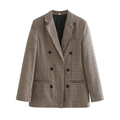 Bruine geruite blazer voor dames met dubbele knopenrij, reverskraag en klepzakken - S / Khaki