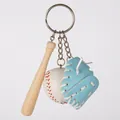 Mini baseball keychain set with sky blue glove, wooden bat and white ball pendant - White