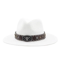 Close-up of western straw hat with vintage metal bull head and leather decorative band - M (56-58cm) / White