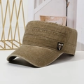 Vintage washed khaki flat top army cap with metallic star badge and reinforced brim detail - Khaki