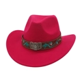 Detail of magenta cowboy hat featuring embroidered brown band and silver floral buckle - One Size / Rose Red