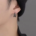Men's double hoop earrings in gunmetal finish with minimalist round zircons - 10mm / Black