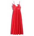 Detail of red pleated maxi dress featuring a unique goldfish-shaped bust embroidery - S / Red