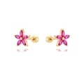 24K gold plated flower stud earrings with pink zirconia petals and screw-back balls - Gold-Pink Zirconia