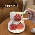 French retro cream ceramic coffee cup and saucer set with hand-painted apple pattern - Hand-painted Apple Cup & Saucer Set / Cup + Saucer Set
