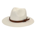 Detailed close-up of straw Fedora hat with brown leather belt and metal rivet accents - M (56-58cm) / Pure White