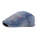 Indigo washed denim flat cap with colorful graffiti embroidery and metal buckle - Blue