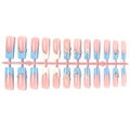 Long French press-on nails with 3D embossed flowers, pearls, and blue-white gradient tips - 24 Pieces/Strip / Pink Blue 3D Flower Style (Strip)