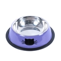 Purple stainless steel cat bowl with cute whiskers pattern and anti-slip rubber base - Purple