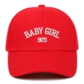 Macro detail view of a red baseball cap with white embroidered BABY GIRL 90S text - Adjustable / Red