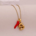Gold-tone stainless steel necklace with red chili pepper and crystal 'S' pendants - Letter S(S)