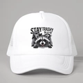 Close-up of Stay Trashy raccoon print and mesh texture on white trucker hat - Adjustable / All White