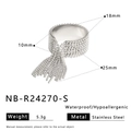Detail of silver stainless steel ring featuring textured beads and long chain tassel - Silver Tassel Ring (NB-R24270-S)