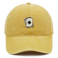 Close-up of Ace of Spades embroidery on yellow washed cotton vintage baseball cap - Adjustable / Yellow