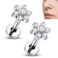 Bijou de piercing fleur en titane avec zircon pour hélix et labret style élégant - 1.2*8mm / Argent Titane + Zircon Blanc