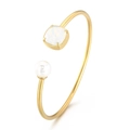 Brazalete en forma de C de acero dorado con opalo cuadrado y perla blanca redonda - Color AB + Dorado