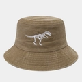 Broderie détaillée de squelette de dinosaure blanc sur un bob en coton délavé marron - Taille unique / Kaki