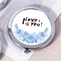 Silver folding compact mirror with blue floral design and I Love You inscription - 520 Confession Seal
