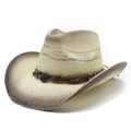 Classic straw cowboy hat with ventilated crown and beaded strap on white background - M / Beige Wooden Bead Decorative Band (2)