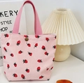Sac fourre-tout en velours rose avec imprimé fraises et poignées robustes - Sac à lunch rose