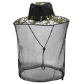 Macro detail of breathable black mesh netting and camo fabric on outdoor mosquito hat - One Size / Green
