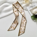 Floral French vintage skinny silk scarf in beige and olive green for hair styling - Floral Cluster