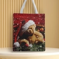 Detail of Christmas teddy bear print on a white canvas handbag with red holiday motifs - Style 38