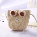 Beige woven straw crossbody bag for girls featuring a cute 3D bear face and plush ears - Little Ears / Beige