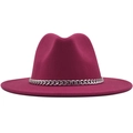 Classic magenta wool fedora hat with a wide brim and decorative silver metal chain link - Rose Red