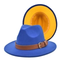 Detail of blue wool felt jazz hat featuring a brown leather strap and contrast yellow brim - M(56-58cm) / Royal Blue + Yellow