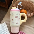 Large cream insulated coffee mug with pink lid, bear graphics and yellow handle - Pink Cartoon-Ceramic-800ML