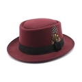 Classic burgundy wool felt fedora hat featuring a black ribbon and elegant feather detail - Burgundy
