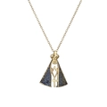 Golden religious pendant necklace featuring a blue zircon crown and cross detail - Crown Virgin Pendant - Blue Zircon