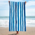 Blue and white striped microfiber beach towel on sand with seaside background - B16-Classic Blue and White Nautical Stripes