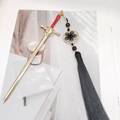 Golden sword hair pin with red enamel handle and elegant long black tassel decoration - Sword Tassel-Gold Black
