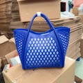 Dark blue silicone hollow basket bag with diamond pattern for beach and shopping use - Sapphire Blue