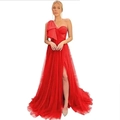 Elegant red one-shoulder evening gown with large bow detail and high slit mesh skirt - Red