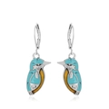 Elegant kingfisher earrings with blue enamel and silver-tone bird dangles - Enamel Kingfisher Animal Style (M-016)