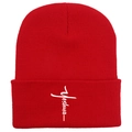 Rote Strickmütze mit weißer Yeshua-Kreuz-Stickerei für winterliche Wärme und Stil - Rot