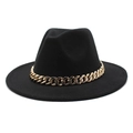 Detail of black wool fedora hat featuring a chunky gold metal chain link band - Black / M (56-58cm)